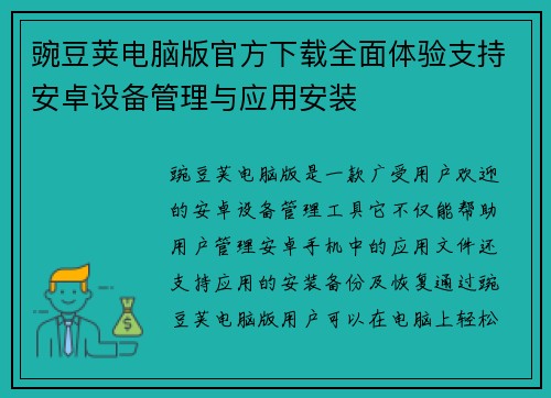 豌豆荚电脑版官方下载全面体验支持安卓设备管理与应用安装 豌豆荚电脑版官方下载全面体验支持安卓设备管理与应用安装